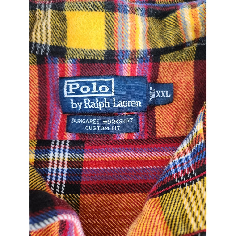 Mens Polo by Ralph Lauren 90s Dungaree Workshirt Flannel Red XXL Elbow Patch - Picture 3 of 6